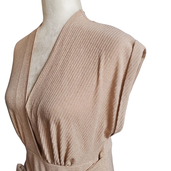 Express Beige Metallic Ribbed Faux Wrap Tie Front Top Size Medium - Picture 5 of 13